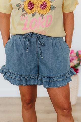 Renee Ruffle Washed Denim Shorts