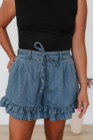 Renee Ruffle Washed Denim Shorts