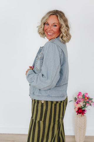 Stella Rhinestone Denim Jacket - Light Wash