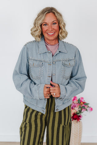 Stella Rhinestone Denim Jacket - Light Wash