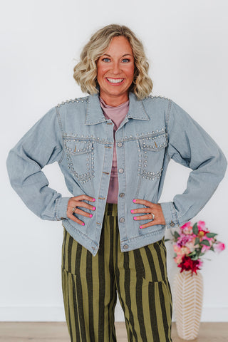 Stella Rhinestone Denim Jacket - Light Wash