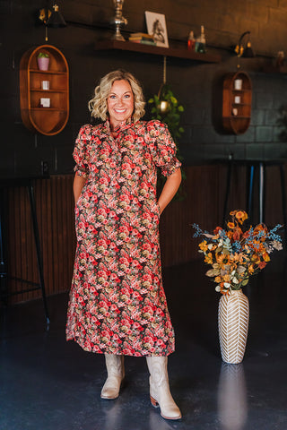 Dreaming of Fall Florals Dress - Brick
