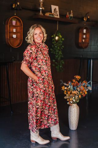 Dreaming of Fall Florals Dress - Brick