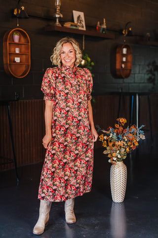 Dreaming of Fall Florals Dress - Brick