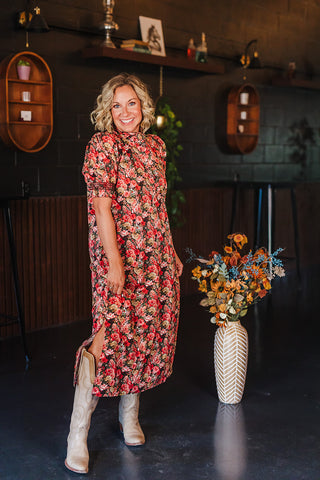 Dreaming of Fall Florals Dress - Brick