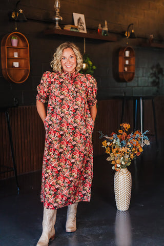 Dreaming of Fall Florals Dress - Brick