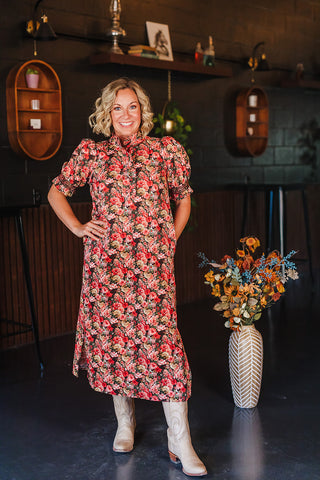 Dreaming of Fall Florals Dress - Brick