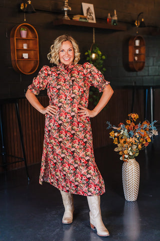 Dreaming of Fall Florals Dress - Brick