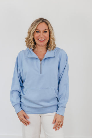 Kayla Luxe Hooded Quarter Zip Pullover - Light Blue