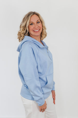 Kayla Luxe Hooded Quarter Zip Pullover - Light Blue