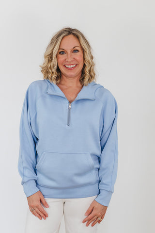 Kayla Luxe Hooded Quarter Zip Pullover - Light Blue