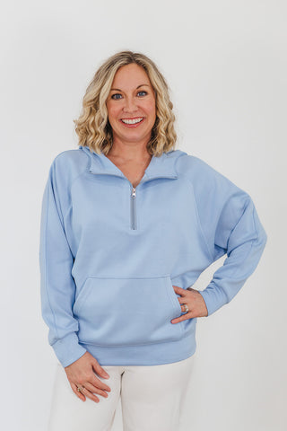 Kayla Luxe Hooded Quarter Zip Pullover - Light Blue
