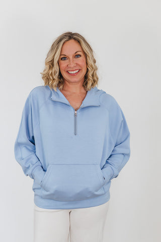 Kayla Luxe Hooded Quarter Zip Pullover - Light Blue