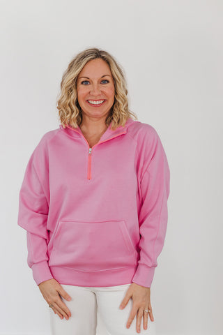 Kayla Luxe Hooded Quarter Zip Pullover - Light Pink