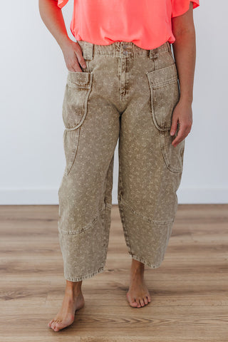 Fun Floral Barrel Pants - Latte