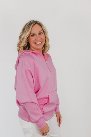 Kayla Luxe Hooded Quarter Zip Pullover - Light Pink