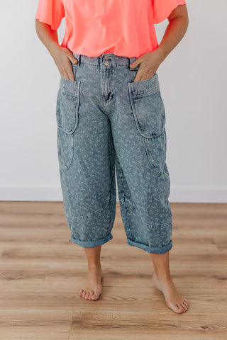 Fun Floral Barrel Pants - Washed Denim