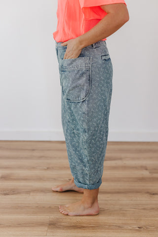 Fun Floral Barrel Pants - Washed Denim