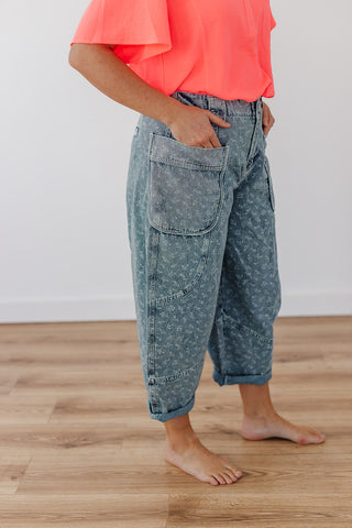 Fun Floral Barrel Pants - Washed Denim