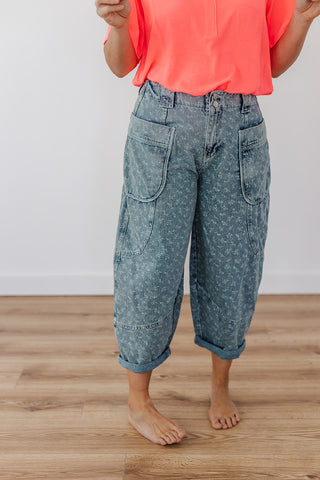 Fun Floral Barrel Pants - Washed Denim