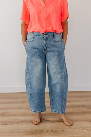 Washed Denim Barrel Jeans - Blue Denim