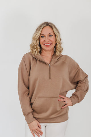 Kayla Luxe Hooded Quarter Zip Pullover - Mocha
