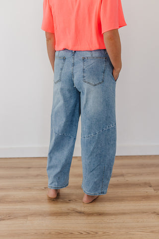 Washed Denim Barrel Jeans - Blue Denim