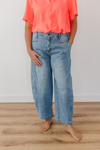 Washed Denim Barrel Jeans - Blue Denim