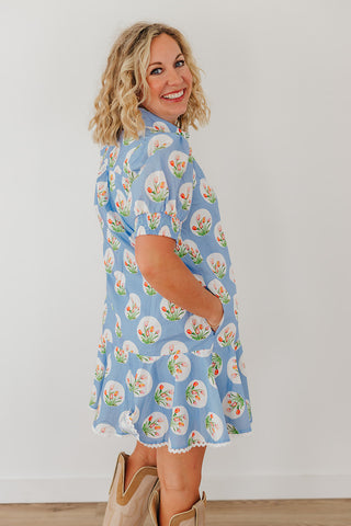 Picking Spring Flowers Dress - Light Blue