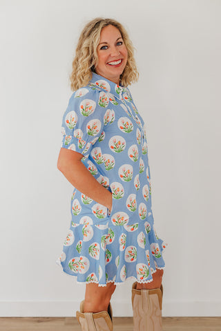 Picking Spring Flowers Dress - Light Blue