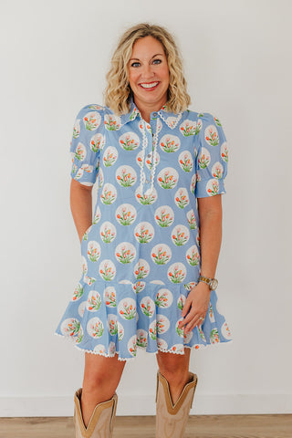 Picking Spring Flowers Dress - Light Blue