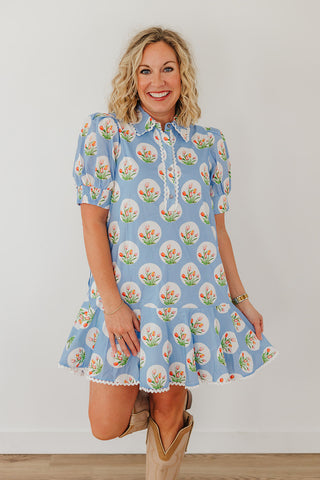 Picking Spring Flowers Dress - Light Blue
