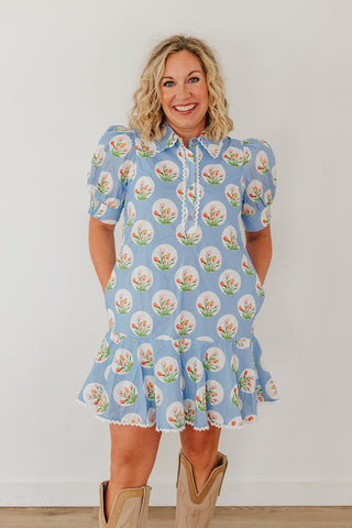 Picking Spring Flowers Dress - Light Blue