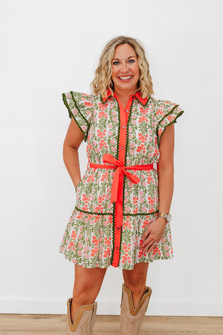 Floral Arrangement Dress - Coral