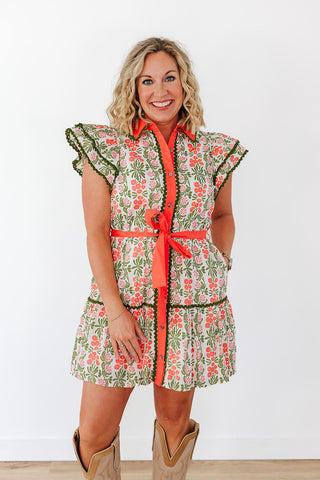 Floral Arrangement Dress - Coral