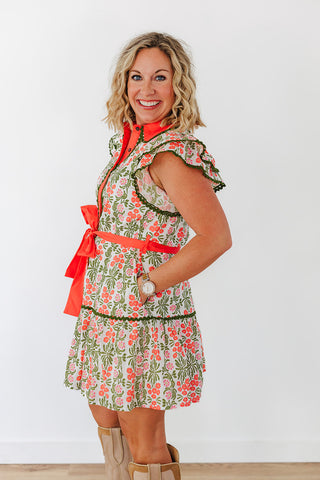 Floral Arrangement Dress - Coral