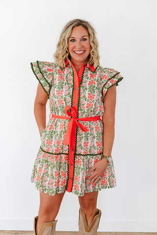 Floral Arrangement Dress - Coral