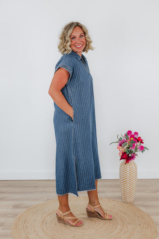 Penny Pinstripe Denim Dress - Dark