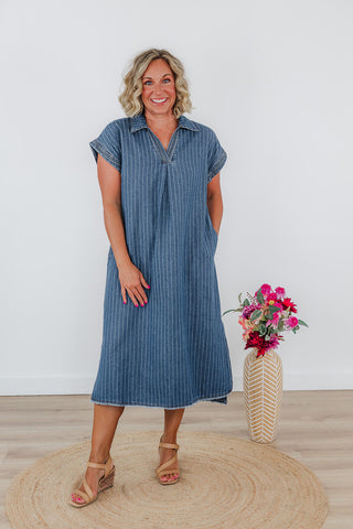 Penny Pinstripe Denim Dress - Dark