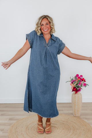 Penny Pinstripe Denim Dress - Dark