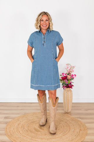 Give Me Stripes Denim Dress - Light Denim