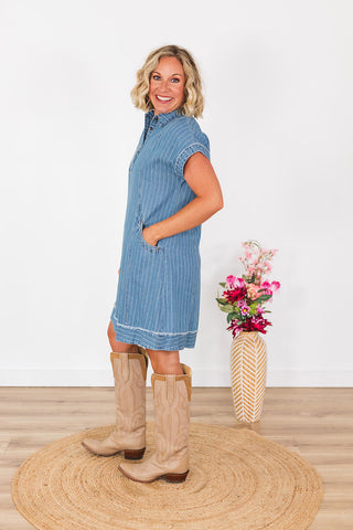 Give Me Stripes Denim Dress - Light Denim