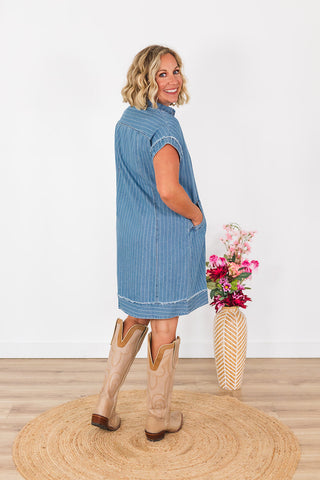 Give Me Stripes Denim Dress - Light Denim