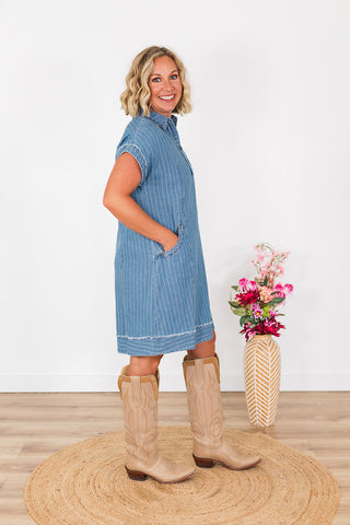 Give Me Stripes Denim Dress - Light Denim