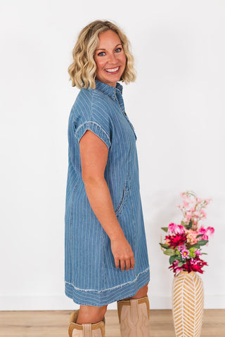 Give Me Stripes Denim Dress - Light Denim
