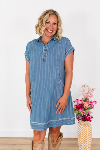 Give Me Stripes Denim Dress - Light Denim