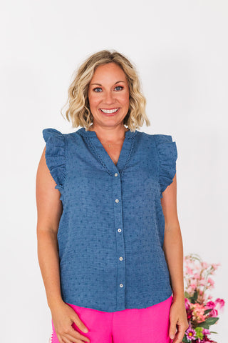 Swiss Dot Ruffle Sleeve Top - Denim