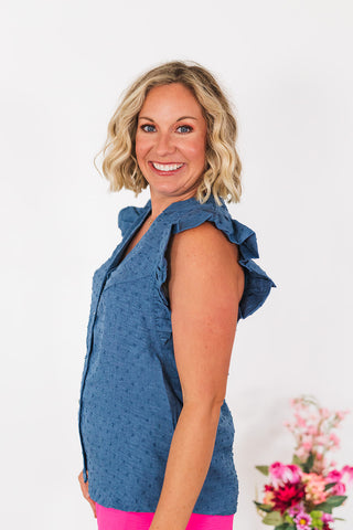Swiss Dot Ruffle Sleeve Top - Denim
