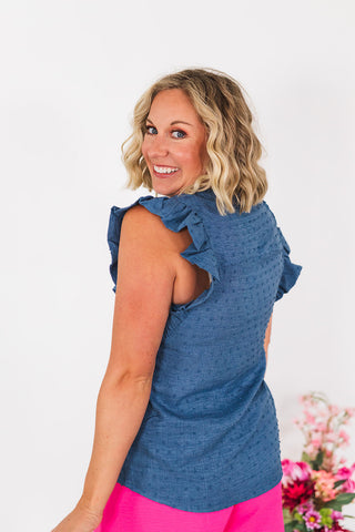 Swiss Dot Ruffle Sleeve Top - Denim