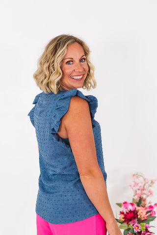 Swiss Dot Ruffle Sleeve Top - Denim